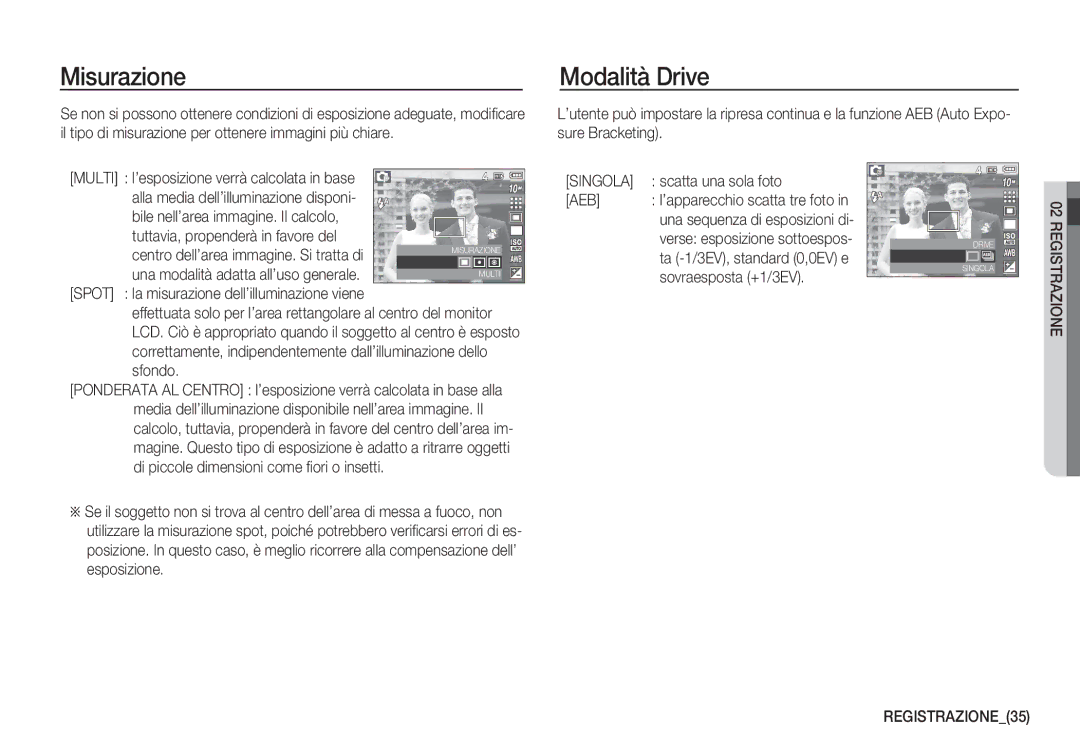 Samsung EC-S1050BBA/E1, EC-S1060BDA/E3, EC-S1060SDA/E3 manual Misurazione, Modalità Drive, Singola, Aeb, REGISTRAZIONE35 