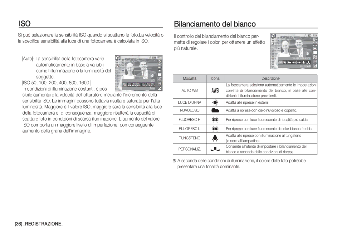 Samsung EC-S1060SBB/E1, EC-S1060BDA/E3, EC-S1060SDA/E3 manual Bilanciamento del bianco, Soggetto ISO 50, 100, 200, 400, 800 