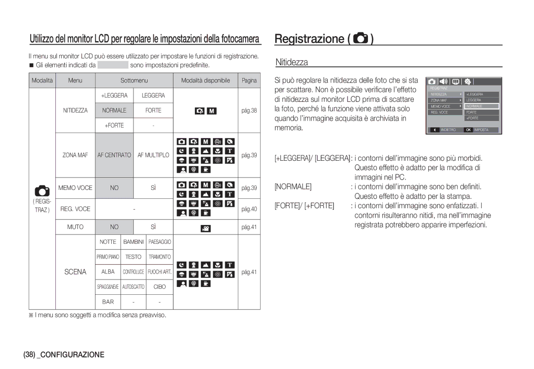 Samsung EC-S1060SBA/IT, EC-S1060BDA/E3, EC-S1060SDA/E3 Registrazione, Nitidezza, Normale, Forte/ +Forte, Configurazione 