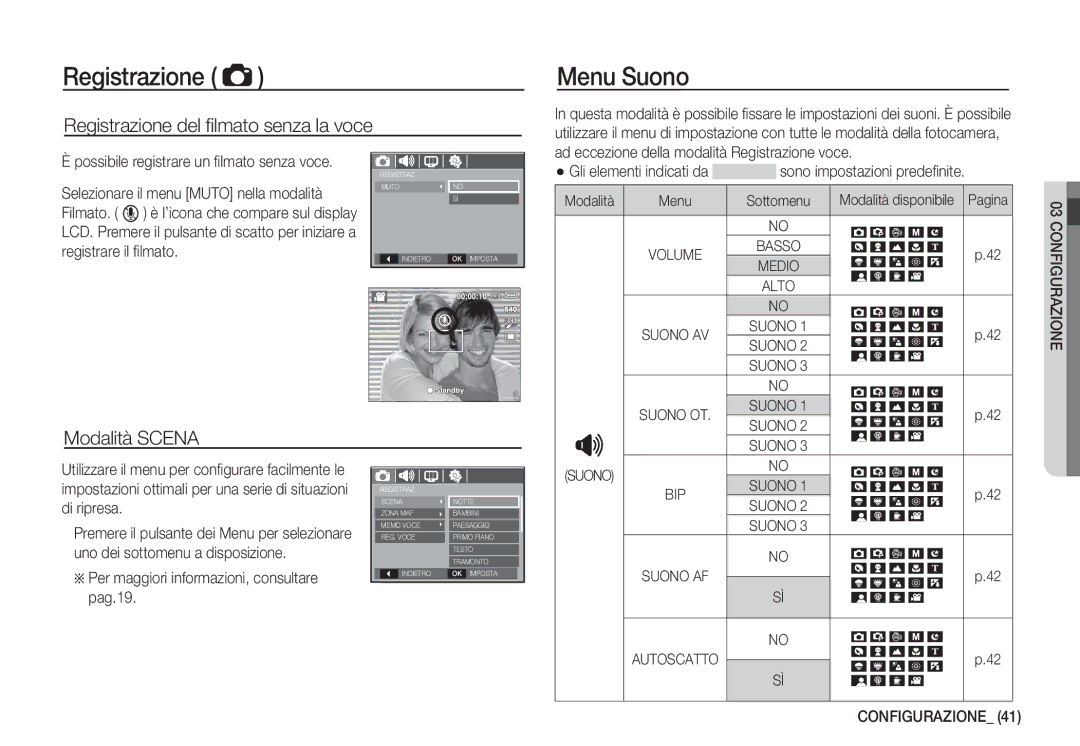 Samsung EC-S1060BBA/IT, EC-S1060BDA/E3, EC-S1060SDA/E3 Menu Suono, Registrazione del ﬁlmato senza la voce, Modalità Scena 