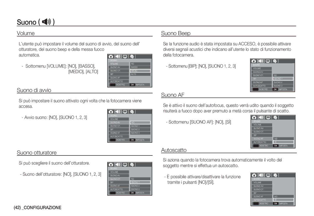 Samsung EC-S1060BBB/E1, EC-S1060BDA/E3 Suono , Volume Suono Beep, Suono di avvio, Suono AF, Suono otturatore Autoscatto 