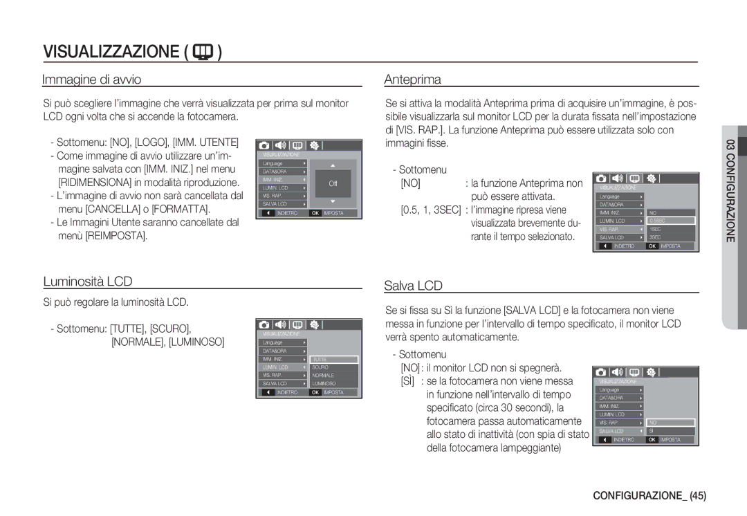 Samsung EC-S1060SDA/E3, EC-S1060BDA/E3, EC-S1050BDA/DE manual Immagine di avvio, Anteprima, Luminosità LCD Salva LCD 