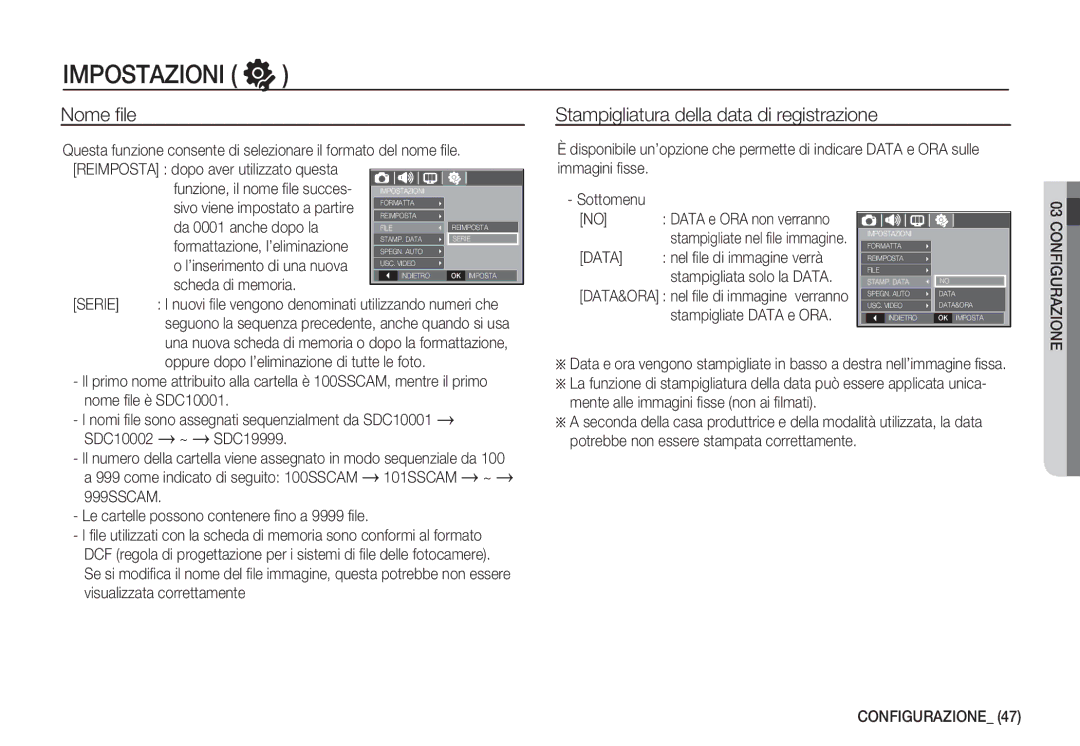 Samsung EC-S1050SDA/DE, EC-S1060BDA/E3, EC-S1060SDA/E3 Nome ﬁle, Stampigliatura della data di registrazione, Serie, Data 