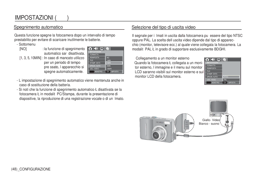 Samsung EC-S1060BBC/E1, EC-S1060BDA/E3 Spegnimento automatico, Selezione del tipo di uscita video, Per un periodo di tempo 