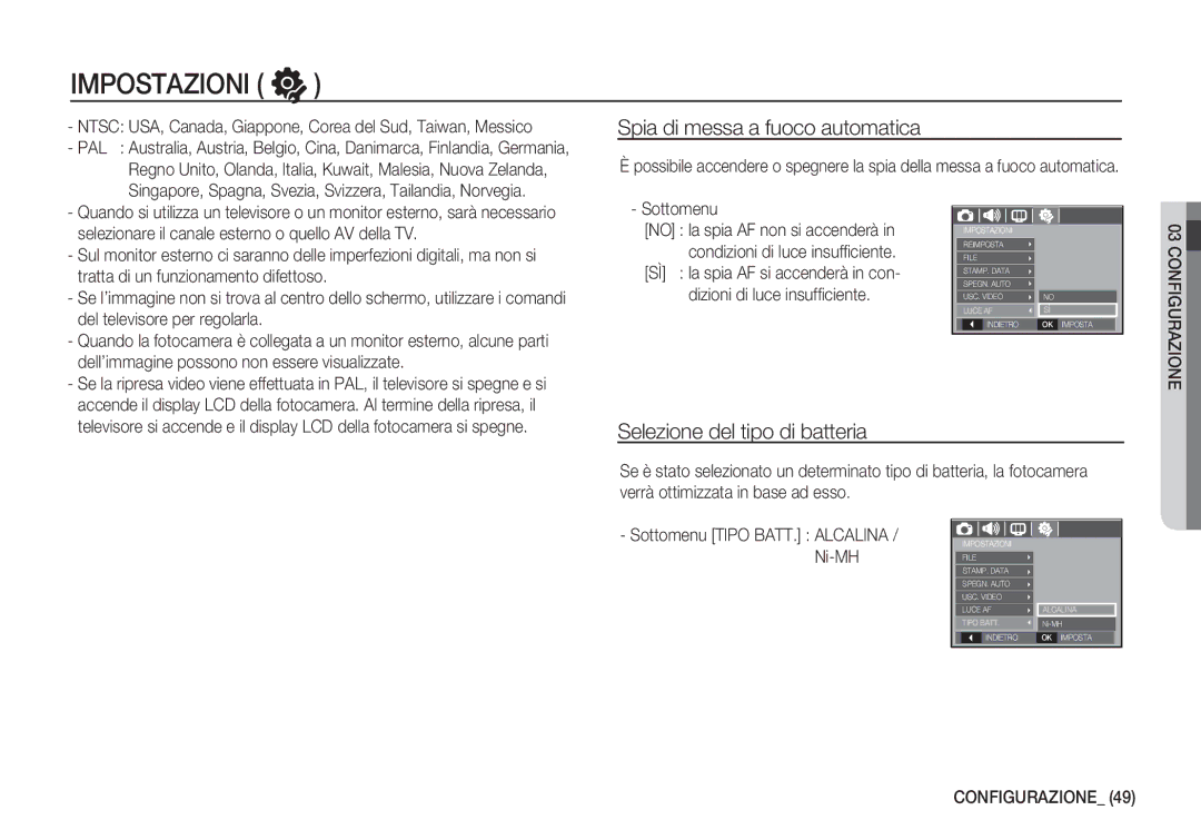 Samsung EC-S1050SBA/IT, EC-S1060BDA/E3, EC-S1060SDA/E3 Spia di messa a fuoco automatica, Selezione del tipo di batteria 