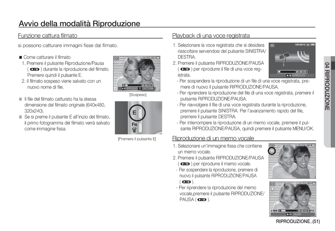 Samsung EC-S1060SBB/E1 Funzione cattura filmato, Playback di una voce registrata, Riproduzione di un memo vocale, Destra 