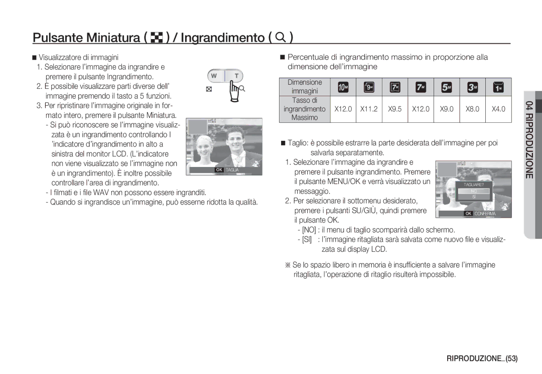 Samsung EC-S1060SBA/IT, EC-S1060BDA/E3 Pulsante Miniatura º / Ingrandimento í, Visualizzatore di immagini, RIPRODUZIONE53 