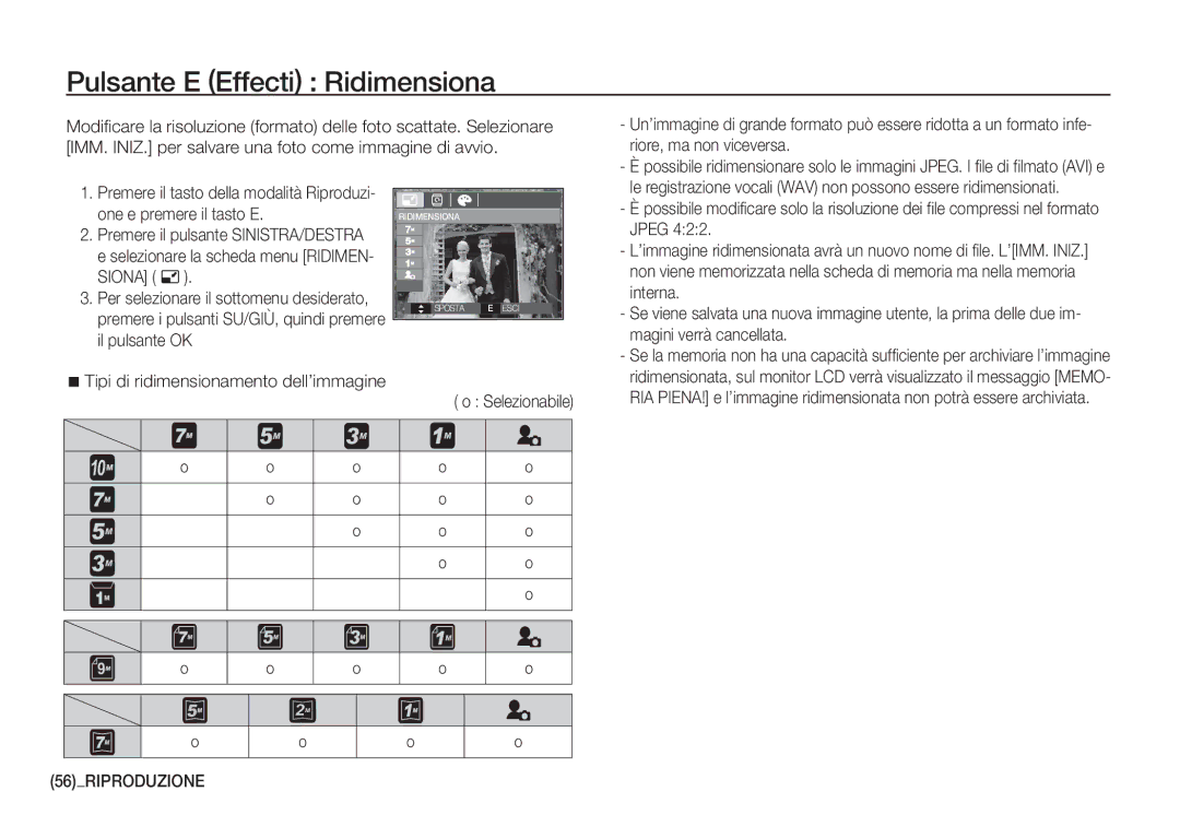 Samsung EC-S1060BBA/IT, EC-S1060BDA/E3, EC-S1060SDA/E3, EC-S1050BDA/DE manual Pulsante E Effecti Ridimensiona, 56RIPRODUZIONE 