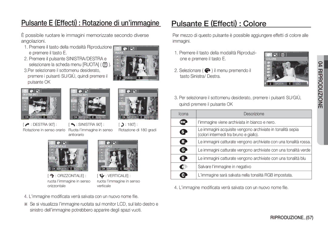 Samsung EC-S1060BBB/E1, EC-S1060BDA/E3, EC-S1060SDA/E3 Pulsante E Effecti Colore, One e premere il tasto E, RIPRODUZIONE57 