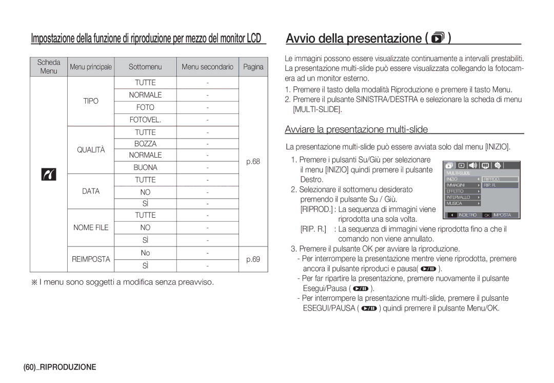 Samsung EC-S1060SDA/E3, EC-S1060BDA/E3 Avvio della presentazione , Avviare la presentazione multi-slide, 60RIPRODUZIONE 