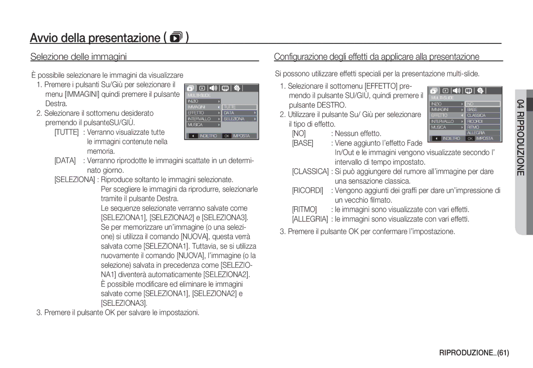 Samsung EC-S1050BDA/DE, EC-S1060BDA/E3, EC-S1060SDA/E3 manual Selezione delle immagini, Base, Ricordi, Ritmo, RIPRODUZIONE61 