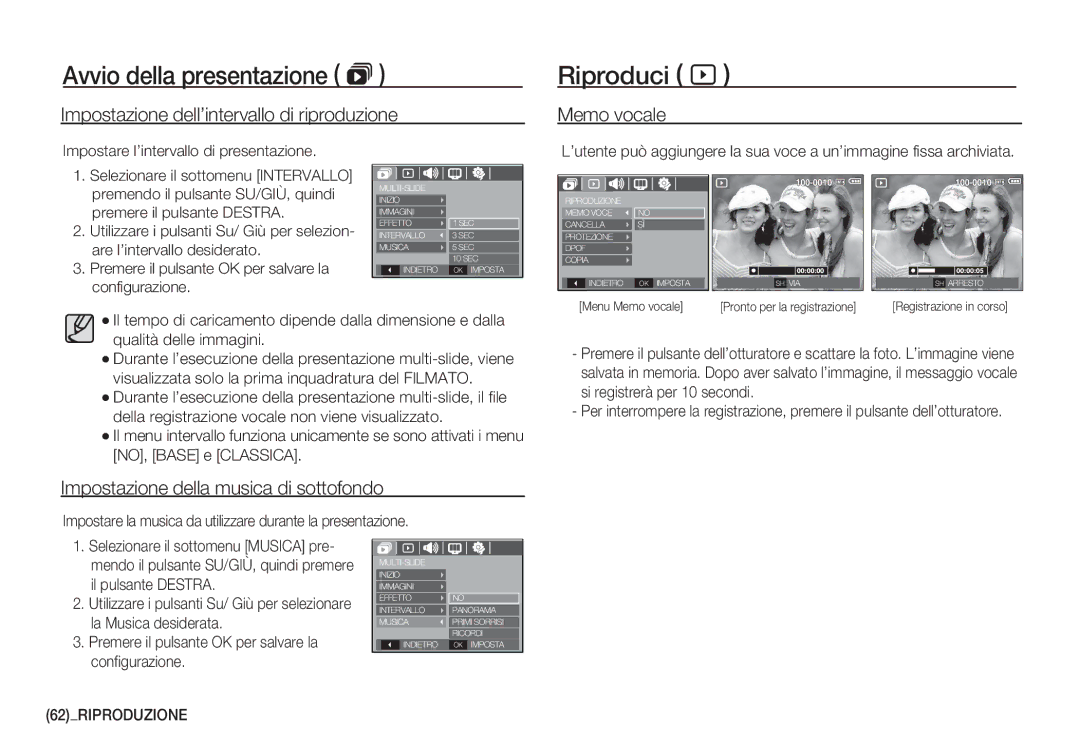 Samsung EC-S1050SDA/DE Riproduci à, Impostazione dell’intervallo di riproduzione, Impostazione della musica di sottofondo 