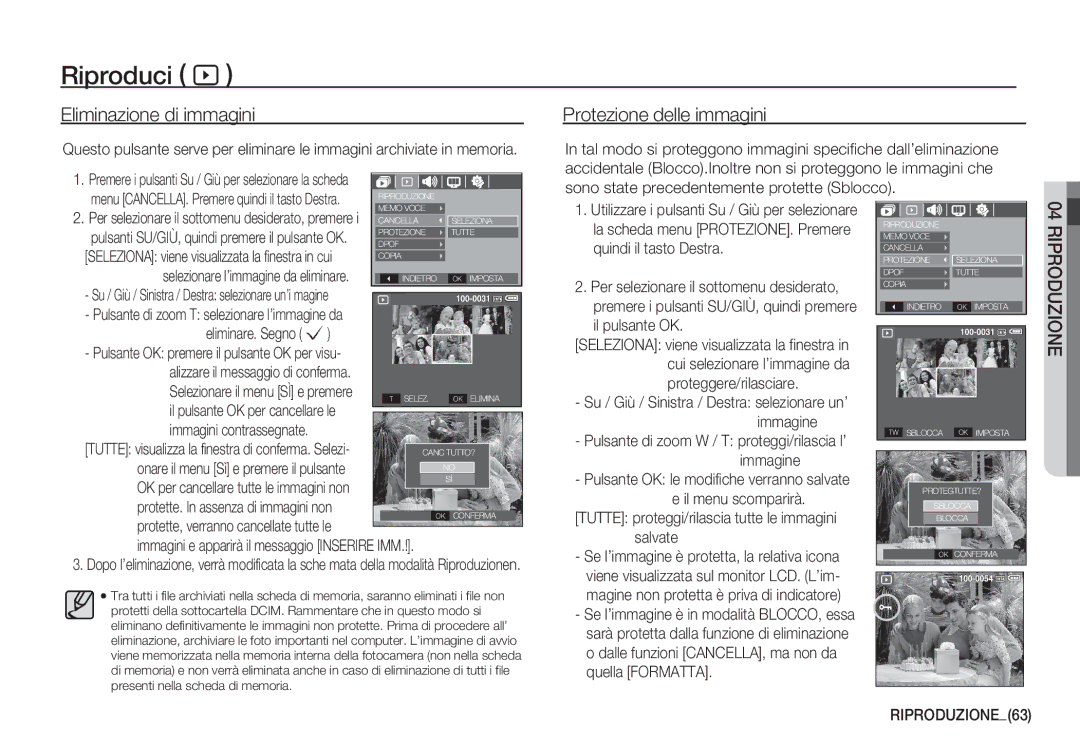 Samsung EC-S1060BBC/E1 Eliminazione di immagini, Protezione delle immagini, Immagini e apparirà il messaggio Inserire IMM 