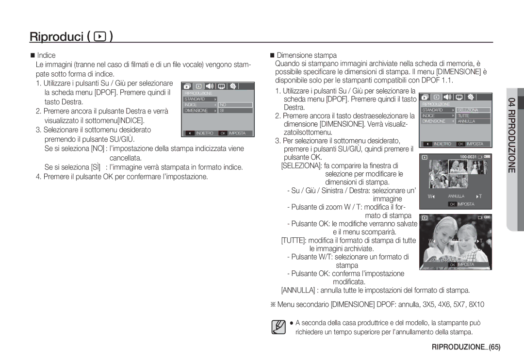 Samsung EC-S1050BBA/E1, EC-S1060BDA/E3, EC-S1060SDA/E3, EC-S1050BDA/DE, EC-S1050SDA/DE, EC-S1060BBC/E1 manual RIPRODUZIONE65 