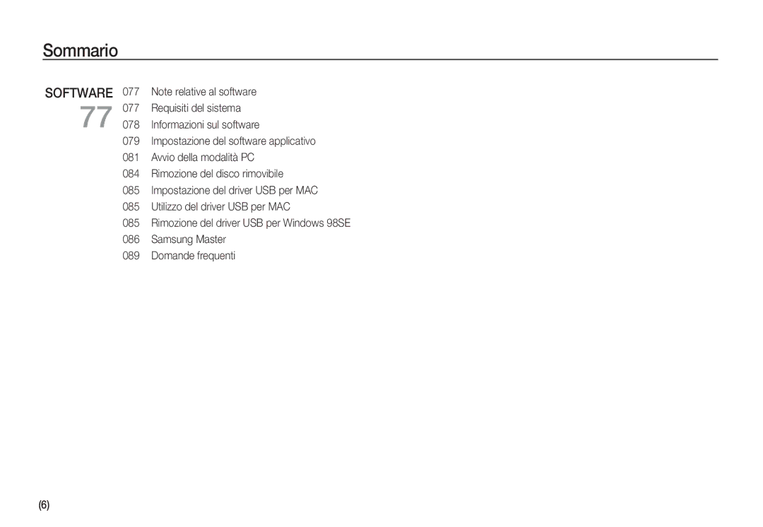 Samsung EC-S1060SBB/E1 manual Requisiti del sistema 078 Informazioni sul software 079, Utilizzo del driver USB per MAC 