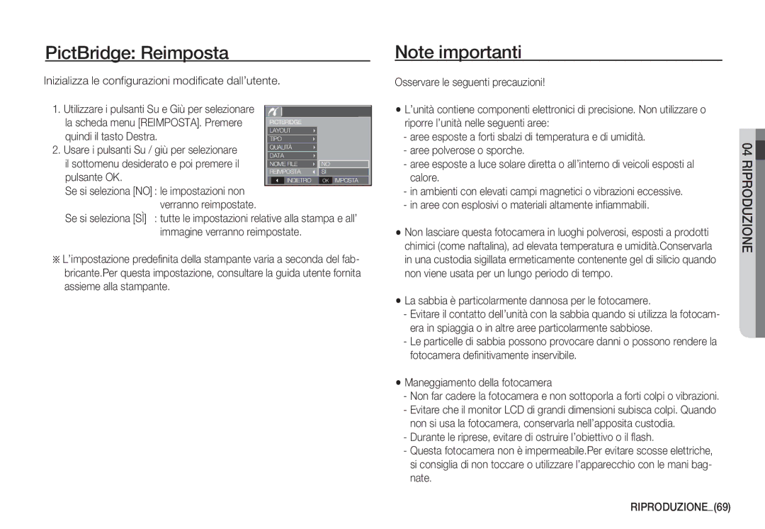 Samsung EC-S1060SBA/E1, EC-S1060BDA/E3, EC-S1060SDA/E3, EC-S1050BDA/DE, EC-S1050SDA/DE PictBridge Reimposta, RIPRODUZIONE69 