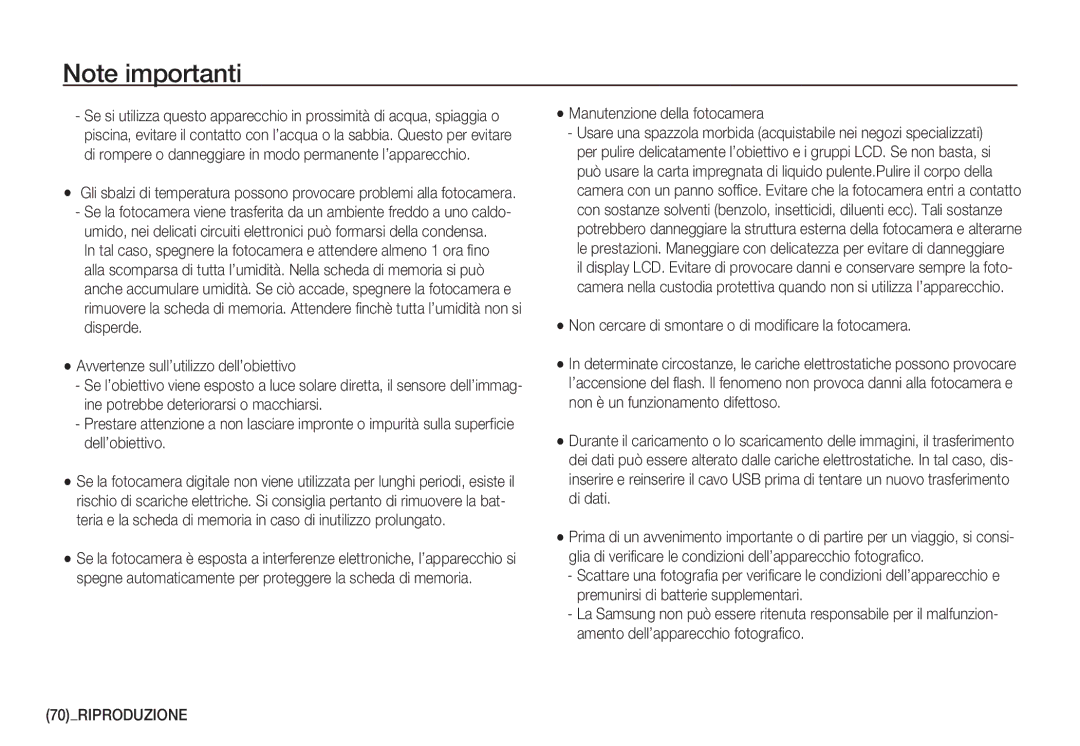 Samsung EC-S1050SFB/IT manual Avvertenze sull’utilizzo dell’obiettivo, Manutenzione della fotocamera, 70RIPRODUZIONE 