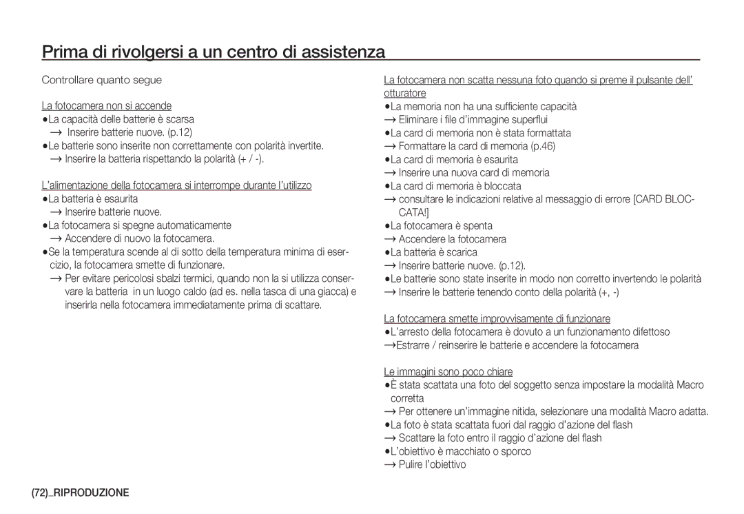 Samsung EC-S1060BBB/E1, EC-S1060BDA/E3, EC-S1060SDA/E3 manual Prima di rivolgersi a un centro di assistenza, 72RIPRODUZIONE 