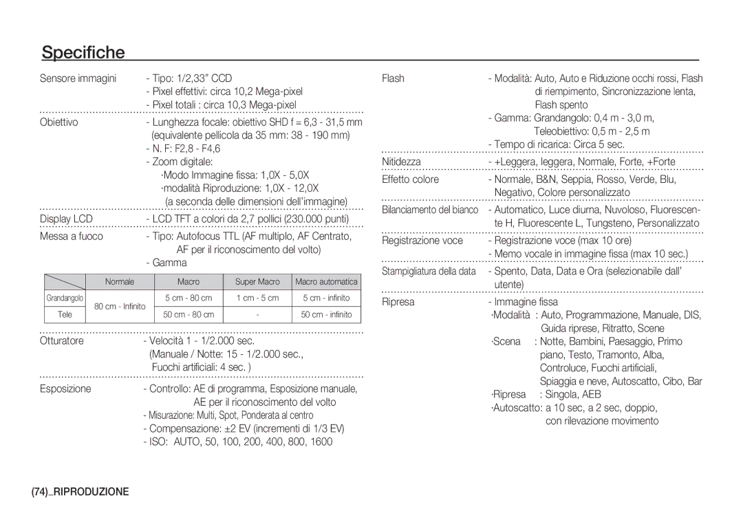 Samsung EC-S1060BDA/E3, EC-S1060SDA/E3, EC-S1050BDA/DE, EC-S1050SDA/DE, EC-S1060BBC/E1 manual Specifiche, 74RIPRODUZIONE 