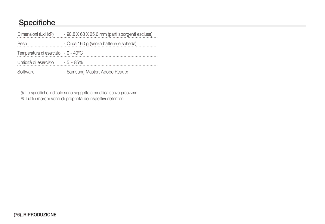 Samsung EC-S1050BDA/DE, EC-S1060BDA/E3 Dimensioni LxHxP, Peso Circa 160 g senza batterie e scheda, 40C, 76RIPRODUZIONE 