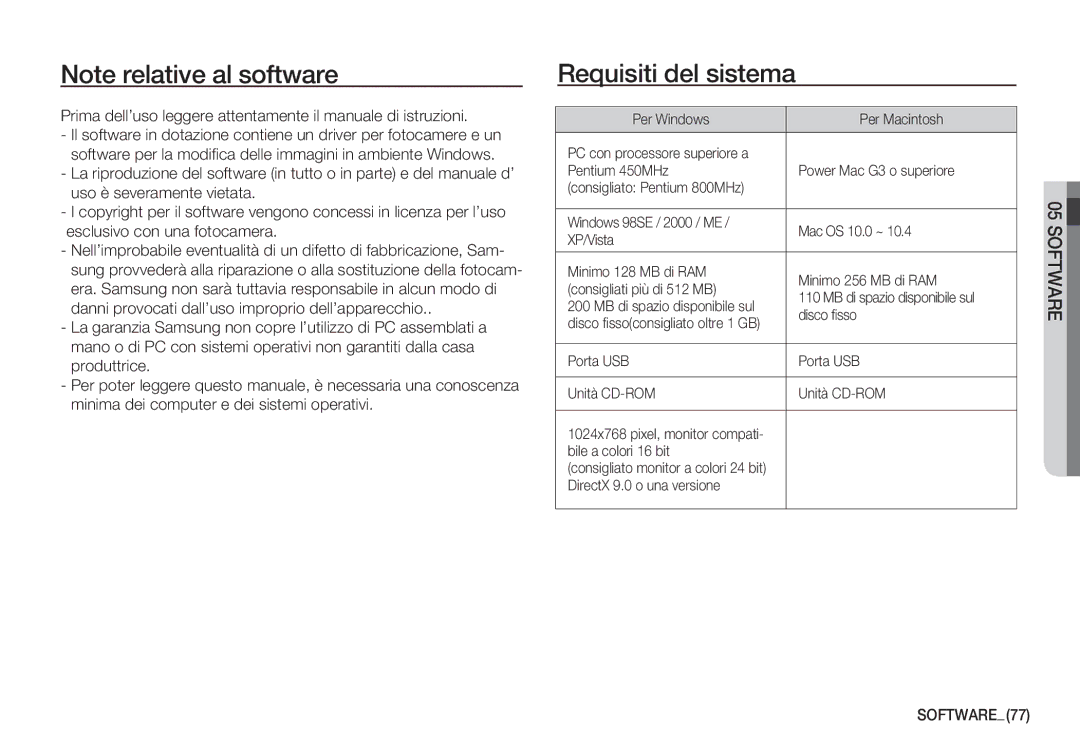 Samsung EC-S1050SDA/DE, EC-S1060BDA/E3 Requisiti del sistema, Software, MB di spazio disponibile sul, Bile a colori 16 bit 