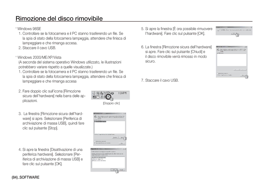 Samsung EC-S1060SBA/E1 manual Rimozione del disco rimovibile, Windows 98SE, Staccare il cavo USB Windows 2000/ME/XP/Vista 