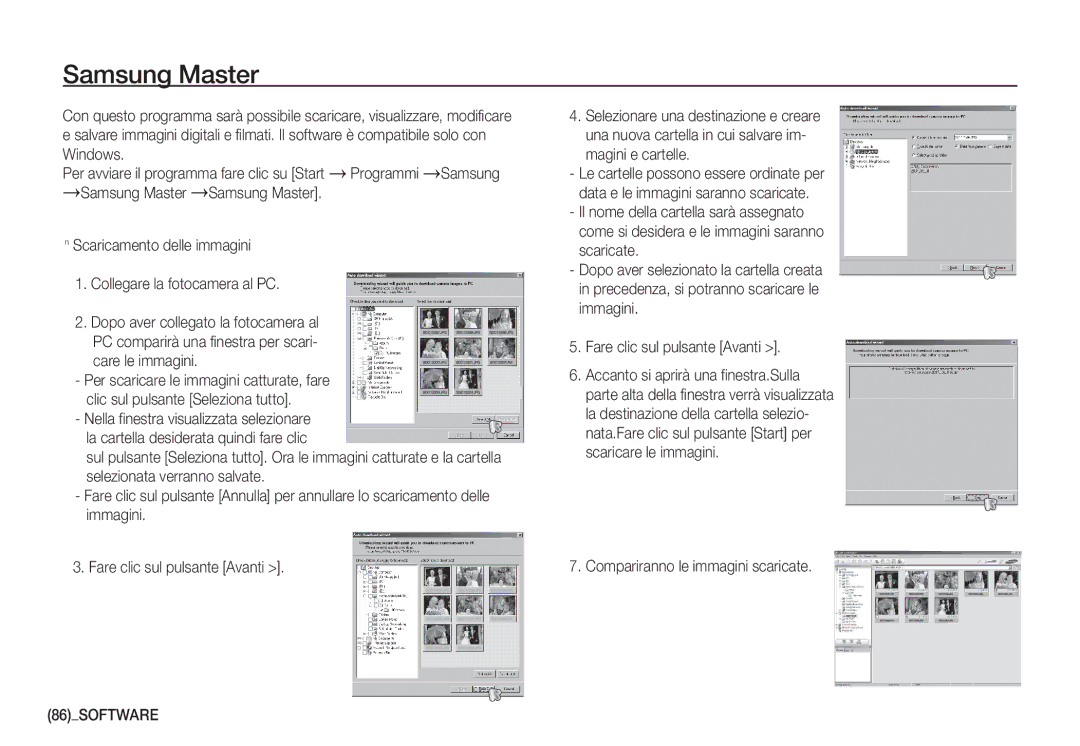 Samsung EC-S1060BBA/IT manual Samsung Master, Windows, Care le immagini, Compariranno le immagini scaricate, 86SOFTWARE 