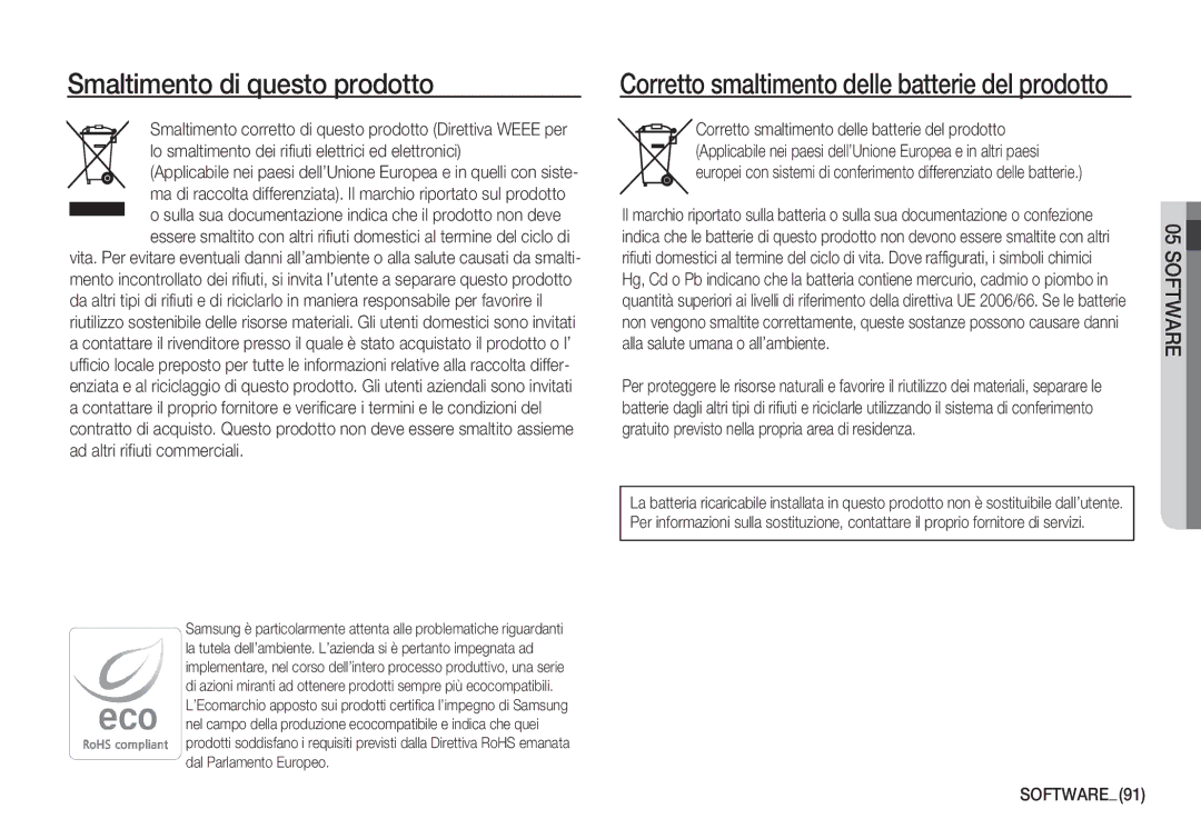 Samsung EC-S1050BDA/DE, EC-S1060BDA/E3 Smaltimento di questo prodotto, Corretto smaltimento delle batterie del prodotto 