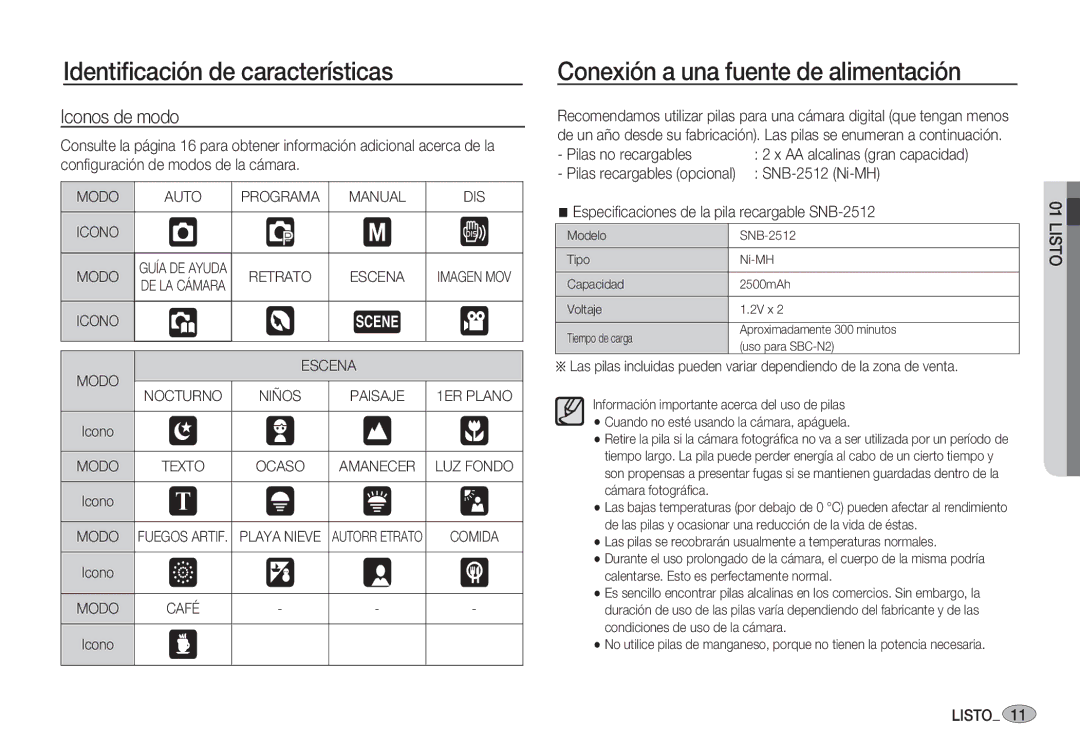 Samsung EC-S1060BDA/E3, EC-S1060SDA/E3 manual Conexión a una fuente de alimentación, Iconos de modo, SNB-2512 Ni-MH 