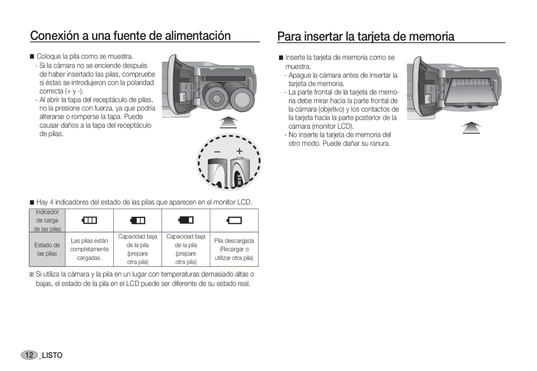 Samsung EC-S1060SDA/E3, EC-S1060BDA/E3, EC-S1050BDA/DE Para insertar la tarjeta de memoria, Coloque la pila como se muestra 