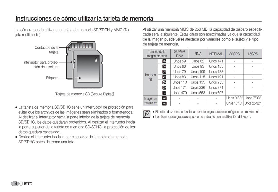 Samsung EC-S1050SDA/DE, EC-S1060BDA/E3, EC-S1060SDA/E3, EC-S1050BDA/DE manual Contactos de la tarjeta, Fina Normal 30CPS 15CPS 