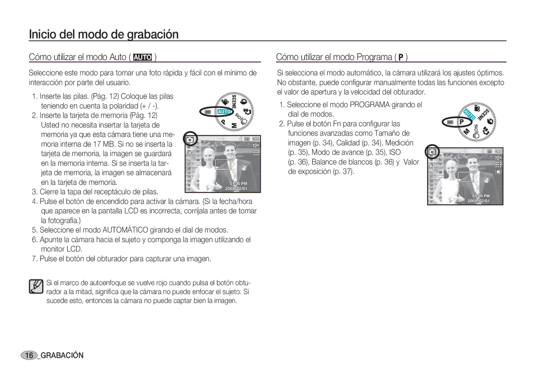 Samsung EC-S1050BBA/E1 manual Inicio del modo de grabación, Cómo utilizar el modo Auto μ, Cómo utilizar el modo Programa 