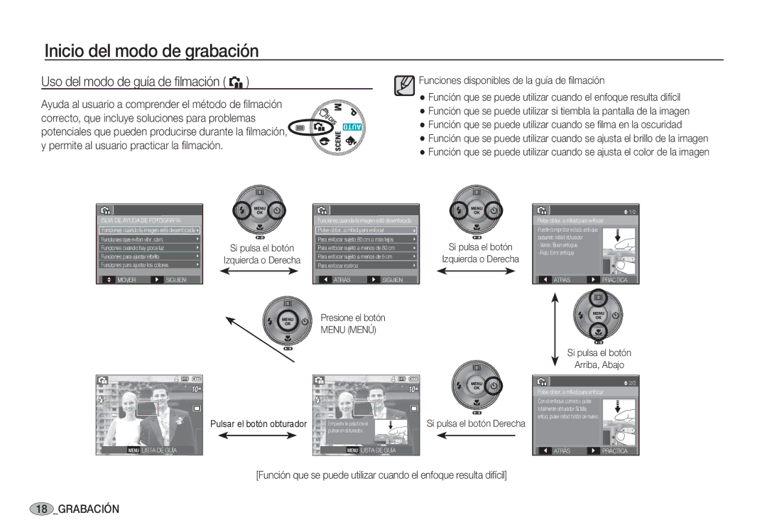 Samsung EC-S1060SBA/E1 Uso del modo de guía de ﬁlmación `, Funciones disponibles de la guía de ﬁlmación, Presione el botón 