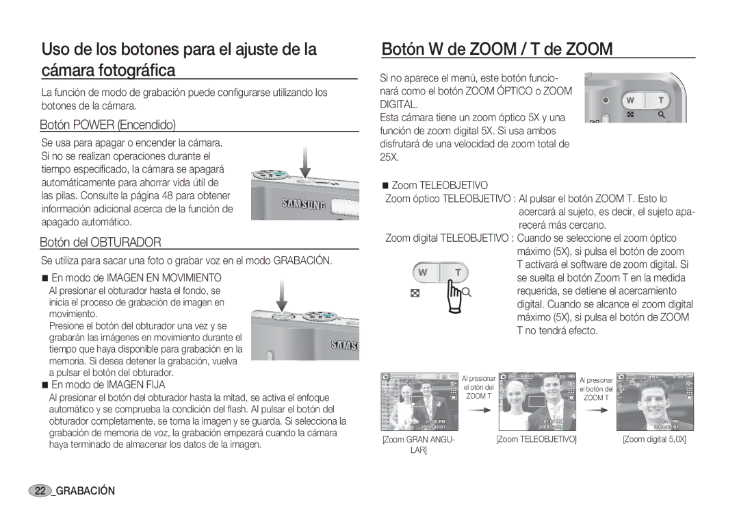 Samsung EC-S1050SBC/AS manual Uso de los botones para el ajuste de la cámara fotográﬁca, Botón W de Zoom / T de Zoom 