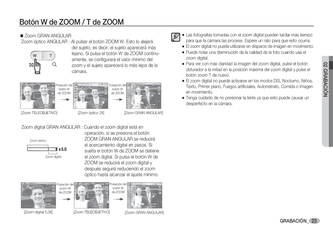 Samsung EC-S1060BDA/E3, EC-S1060SDA/E3 manual Zoom Gran Angular, Zoom y el sujeto aparecerá lo más lejos de la cámara 