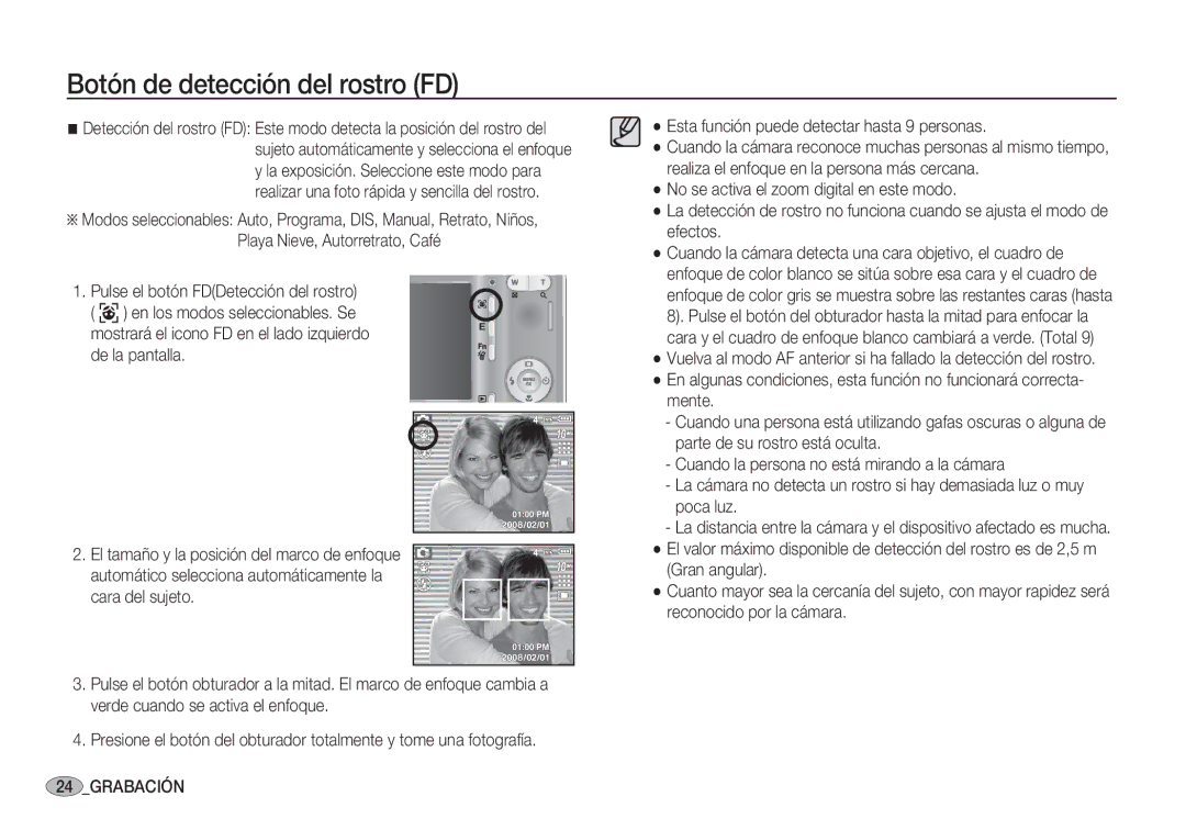 Samsung EC-S1060SDA/E3, EC-S1060BDA/E3, EC-S1050BDA/DE, EC-S1050SDA/DE, EC-S1060BBC/E1 manual Botón de detección del rostro FD 