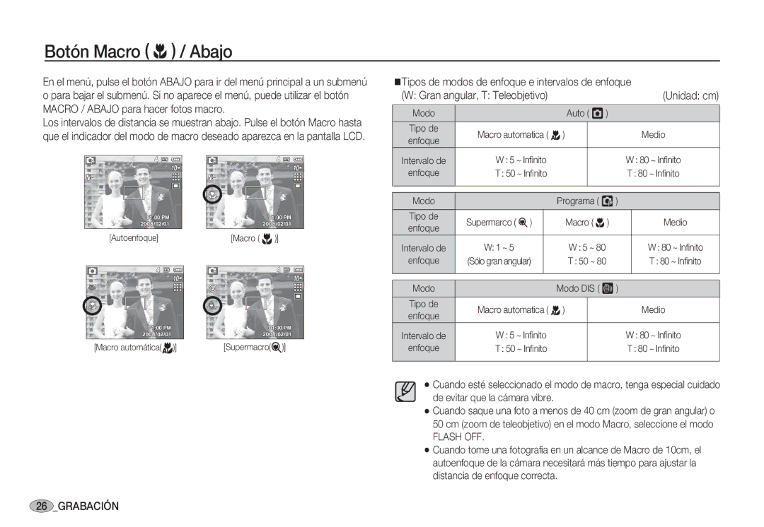 Samsung EC-S1050SDA/DE, EC-S1060BDA/E3 manual Botón Macro e / Abajo, Tipos de modos de enfoque e intervalos de enfoque 