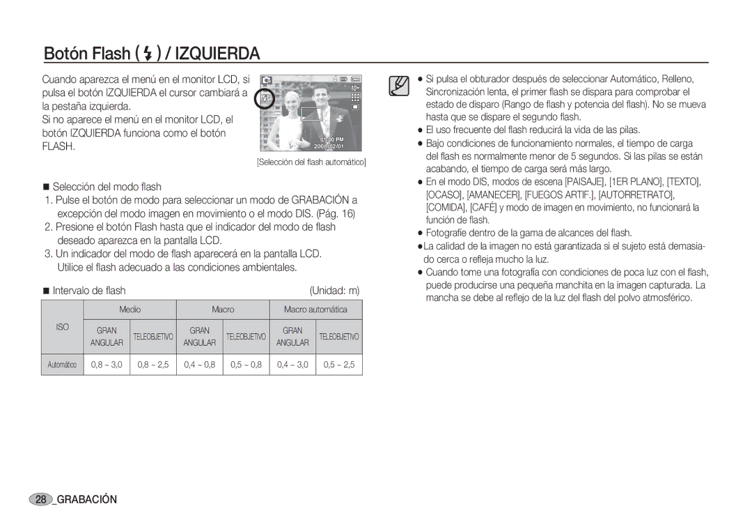 Samsung EC-S1050BBA/E1, EC-S1060BDA/E3, EC-S1060SDA/E3, EC-S1050BDA/DE manual Botón Flash / Izquierda, Selección del modo ﬂash 