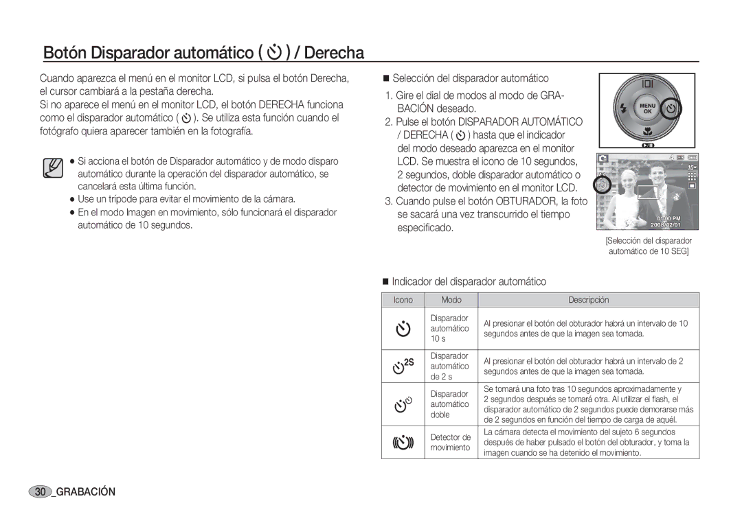 Samsung EC-S1060SBA/E1 manual Botón Disparador automático / Derecha, Especiﬁcado, Indicador del disparador automático 