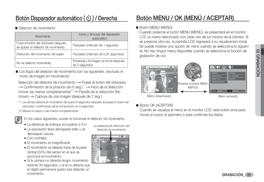 Samsung EC-S1060BBB/E1 manual Botón Menu / OK Menú / Aceptar, Detector de movimiento, Botón Menu Menú, Botón OK Aceptar 