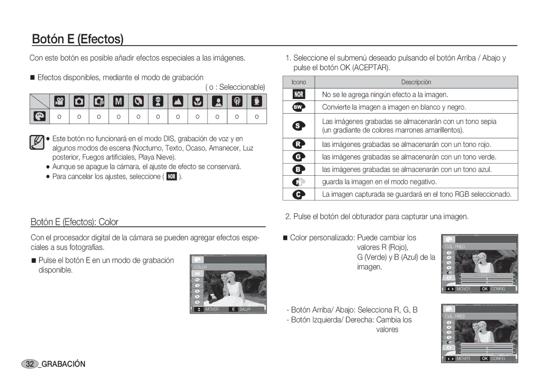 Samsung EC-S1050SBA/E1, EC-S1060BDA/E3 manual † Š ‰, Botón E Efectos Color, Disponible, Verde y B Azul de la imagen 