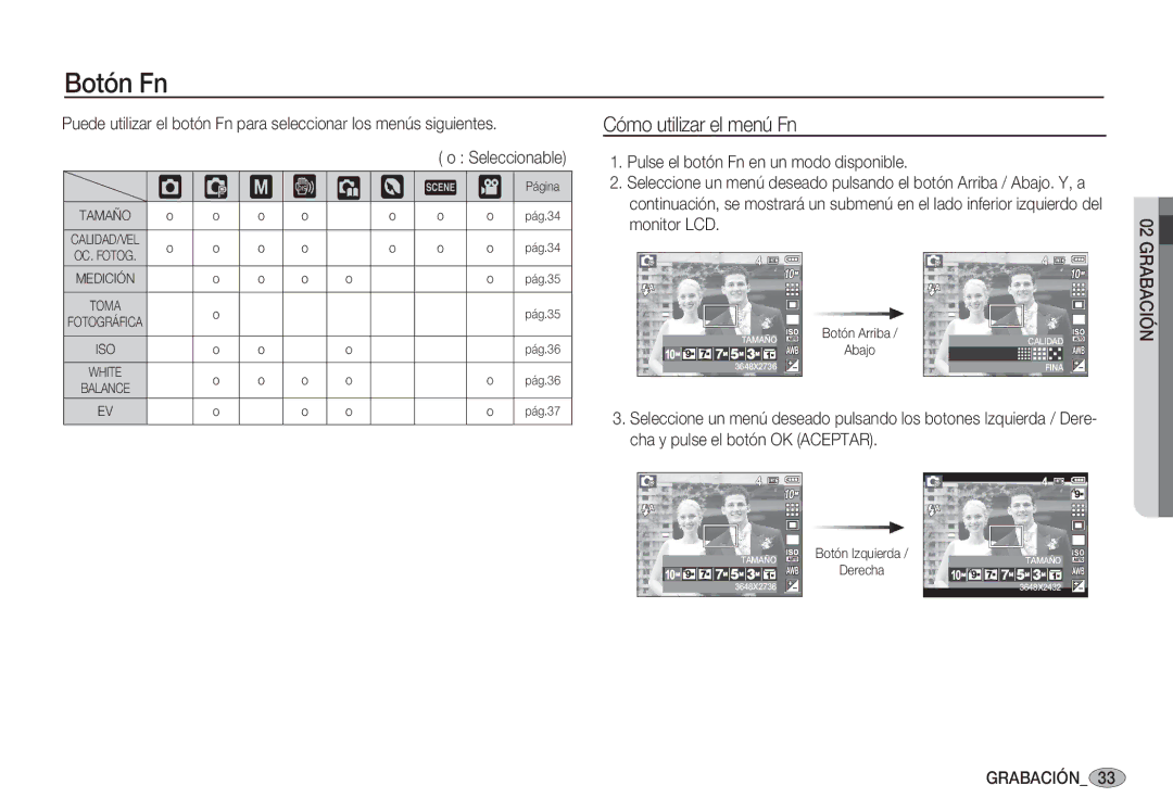 Samsung EC-S1050BDB/AS, EC-S1060BDA/E3, EC-S1060SDA/E3, EC-S1050BDA/DE manual Botón Fn, ‰ ÿ, Cómo utilizar el menú Fn 