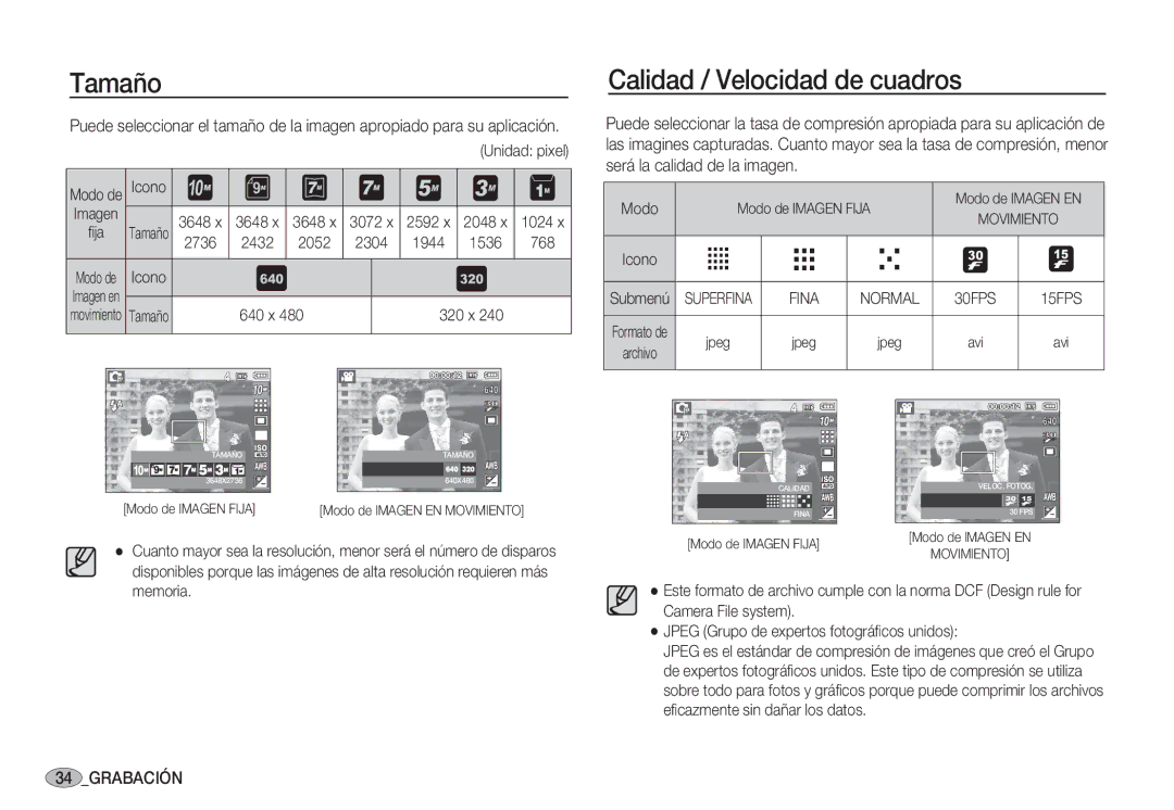 Samsung EC-S1050SBC/AS, EC-S1060BDA/E3, EC-S1060SDA/E3, EC-S1050BDA/DE, EC-S1050SDA/DE Tamaño, Calidad / Velocidad de cuadros 