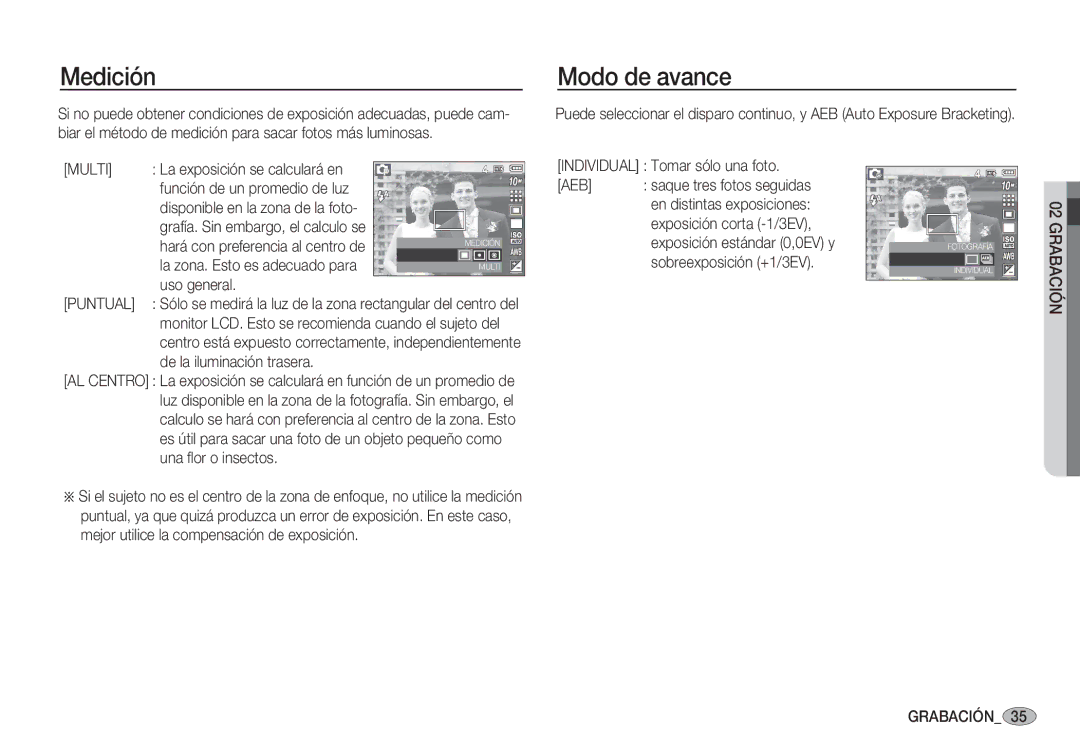 Samsung EC-S1060BDA/E3, EC-S1060SDA/E3, EC-S1050BDA/DE, EC-S1050SDA/DE manual Medición, Modo de avance, Multi, Puntual 