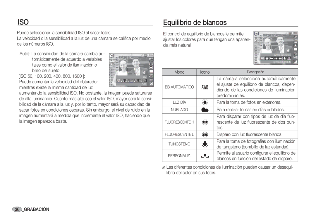 Samsung EC-S1060SDA/E3, EC-S1060BDA/E3, EC-S1050BDA/DE, EC-S1050SDA/DE, EC-S1060BBC/E1, EC-S1050BBA/E1 Equilibrio de blancos 