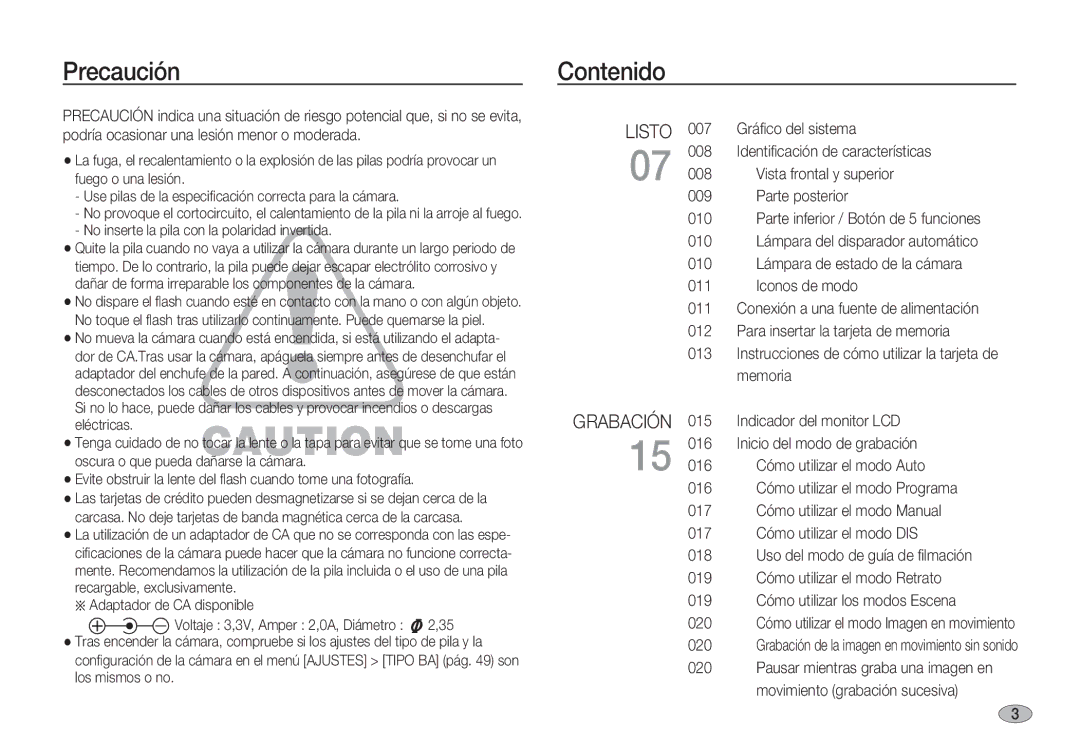 Samsung EC-S1060BBC/E1, EC-S1060BDA/E3, EC-S1060SDA/E3, EC-S1050BDA/DE, EC-S1050SDA/DE, EC-S1050BBA/E1 Precaución, Contenido 