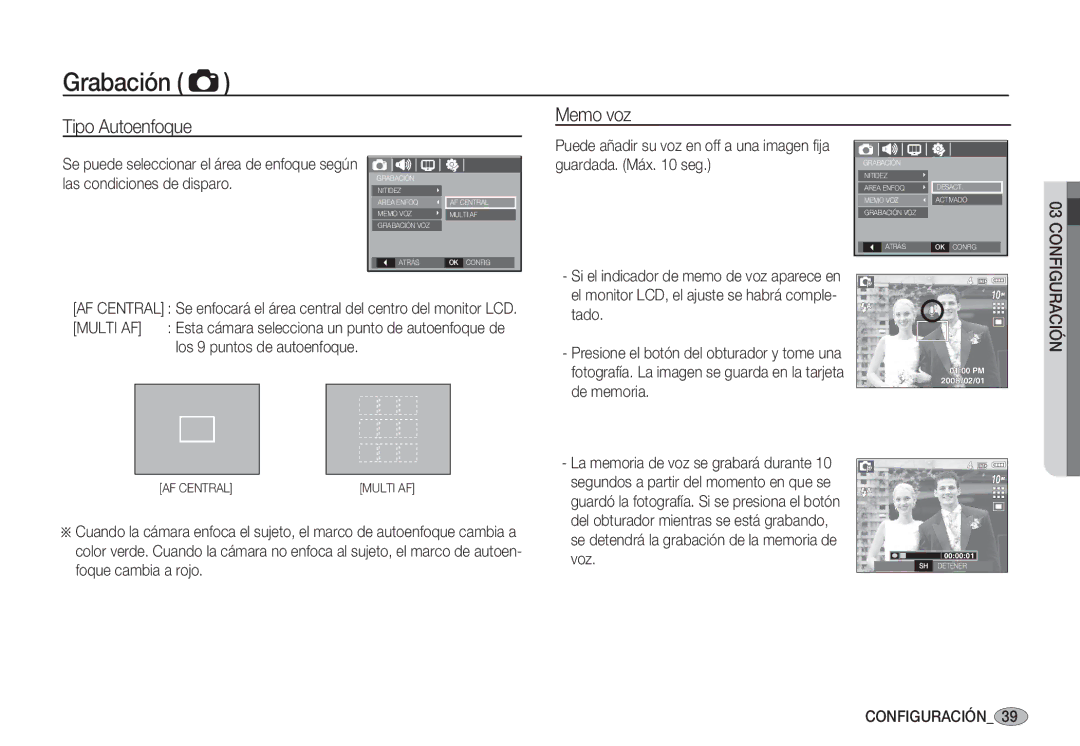 Samsung EC-S1060BBC/E1, EC-S1060BDA/E3, EC-S1060SDA/E3, EC-S1050BDA/DE, EC-S1050SDA/DE manual Tipo Autoenfoque Memo voz 