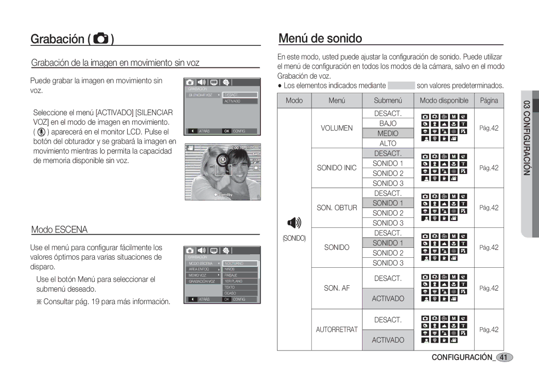 Samsung EC-S1060SBB/E1 manual Menú de sonido, Grabación de la imagen en movimiento sin voz, Modo Escena, Modo Menú 