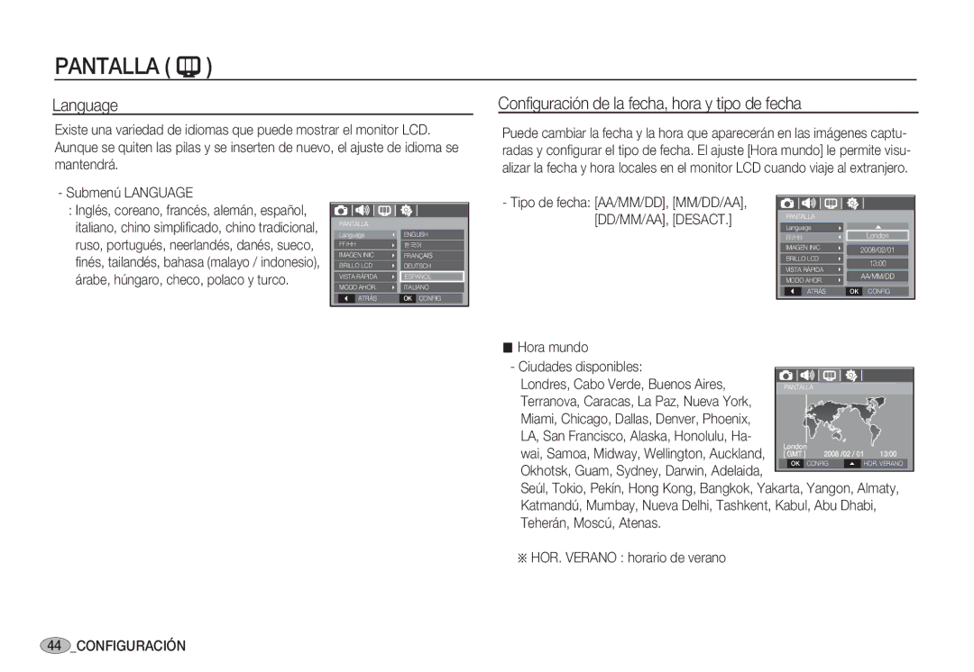 Samsung EC-S1050SBA/E1, EC-S1060BDA/E3, EC-S1060SDA/E3 Conﬁguración de la fecha, hora y tipo de fecha, Submenú Language 