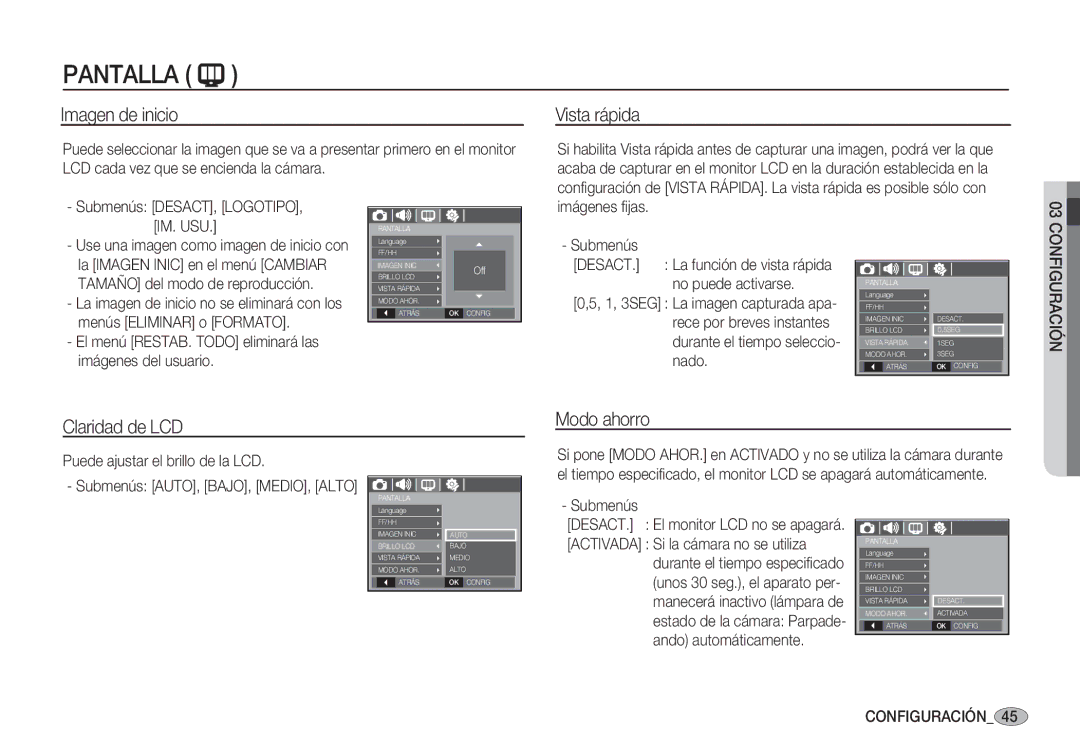 Samsung EC-S1050BDB/AS, EC-S1060BDA/E3, EC-S1060SDA/E3 manual Imagen de inicio, Vista rápida, Claridad de LCD Modo ahorro 